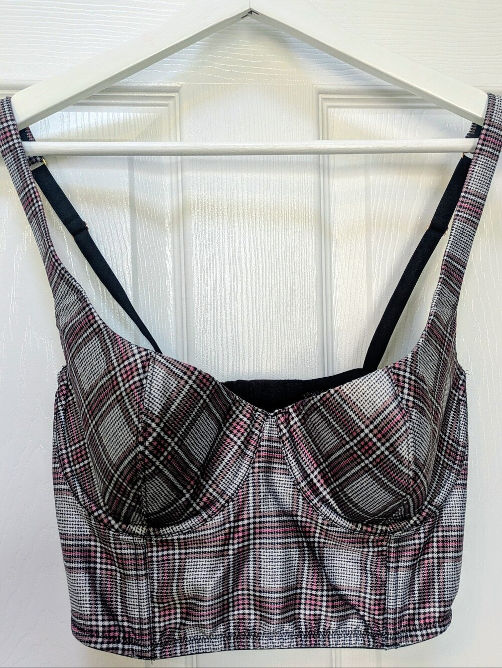Victoria's Secret Plaid Corset Top 34D Black, Pink, Silver Bustier Bra